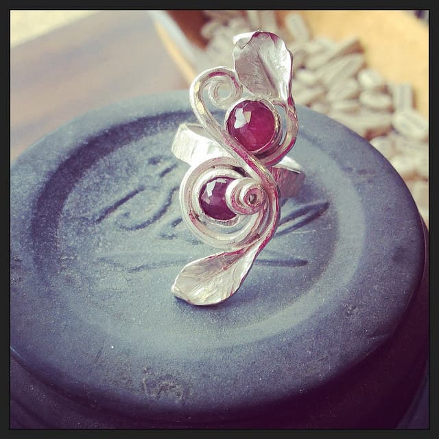 leafy ring - sterling silver and rubies