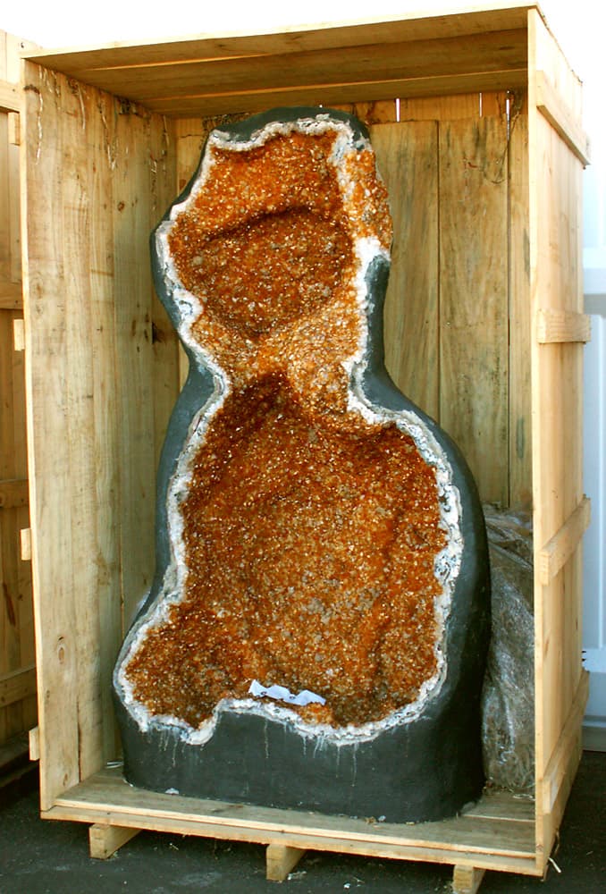 This citrine vug is in a crate about 9' tall.