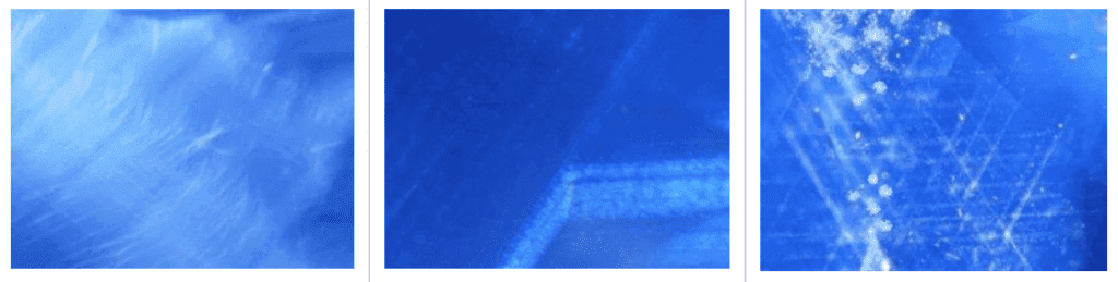 Left, traditional velvety silk inclusions. Center, lighter silk. Right,